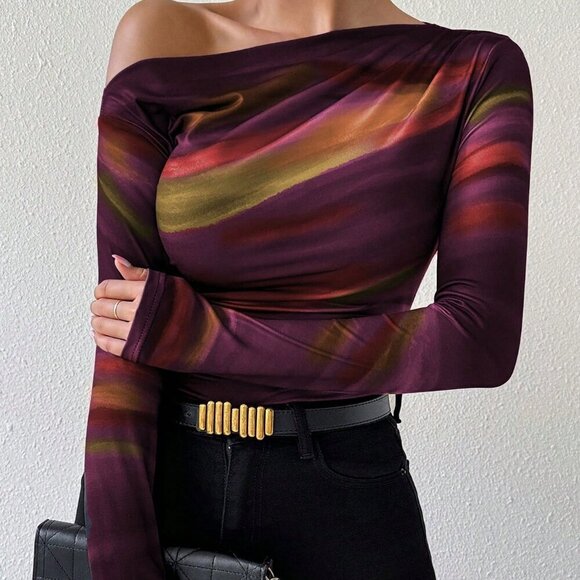 Casual Women's Marble Ombre Print Asymmetric Neck Fitted top - Picture 5 of 6